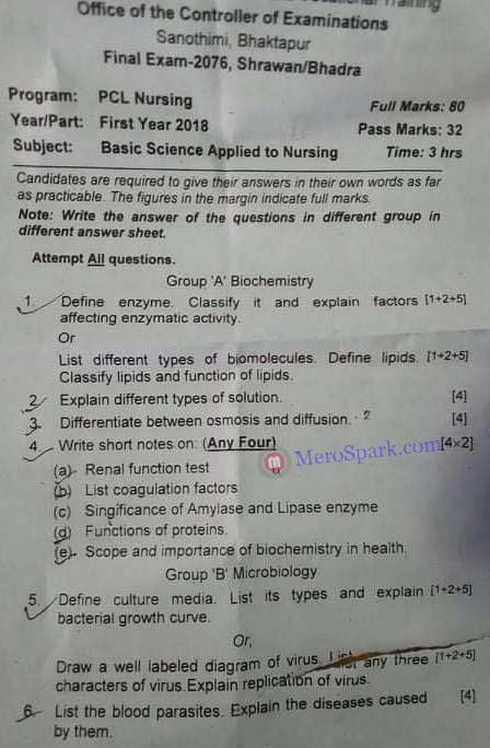 Basic Science Applied to Nursing - PCL Nursing 1st Year Question Paper