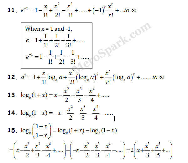 Binomial Theorem, Exponential and Logarithmic Series – Formula Collection